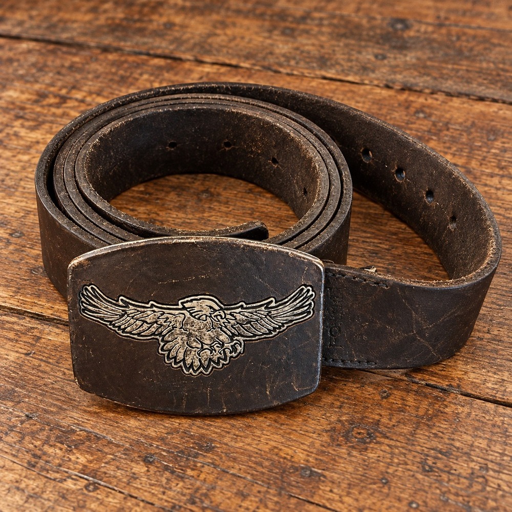 Fossil Men Distressed Dark Brown Full Grain Leather Eagle Plaque Buckle Belt 40